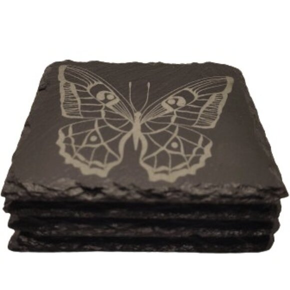 4 Inch Black Coasters Stone Coaster Set, Laser Engraving "Butterfly" Set of 4 - Picture 4 of 10